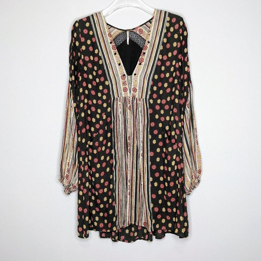Free People Floral Pebble Rain Dress Long Sleeve Tunic Pockets Size XS